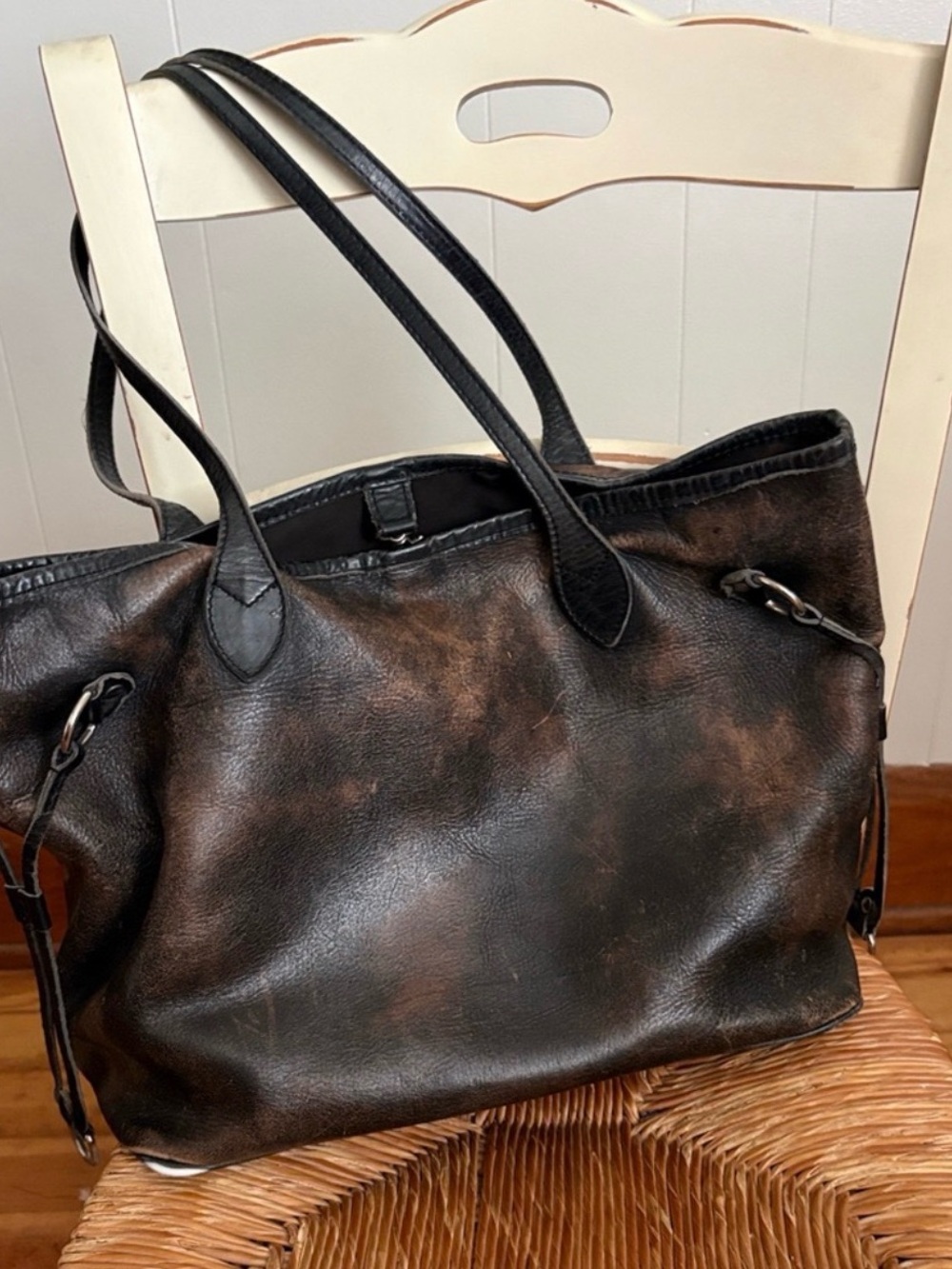 freebird Distressed Black and Brown Leather Tote